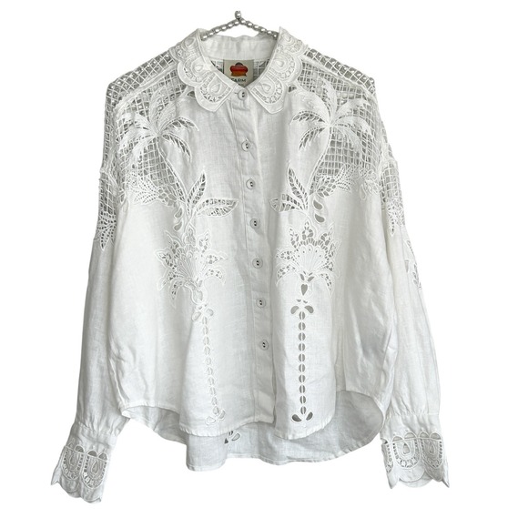 Farm Rio White Palms Linen Top XS Cottage Sheer Lace Embroidered Long Sleeve NEW - Picture 2 of 14